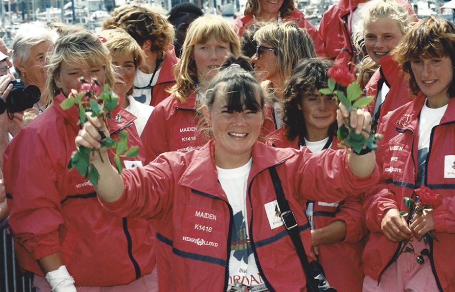 Tracey Edwards celebrates with her fellow crew-mates after completing the 1989/90 Whitebread around the world race on Maiden