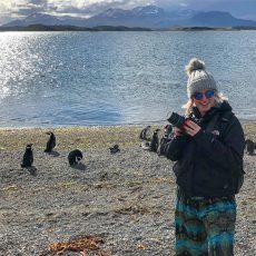 Rebecca is standing on a beach with her camera next to a group of penguins with the sea and mountains in the background